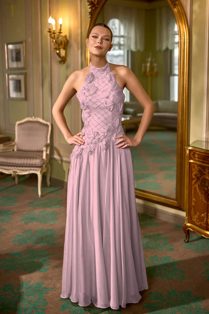 Halter Evening Dress Floor Length Sheath with Beading and Flower