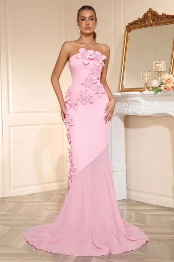 Elegant Sleeveless Satin Square Strapless Mermaid Prom Dress With Handmade Flower