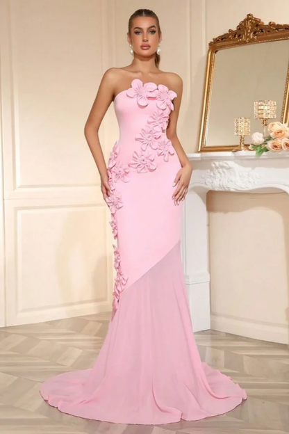 Elegant Sleeveless Satin Square Strapless Mermaid Prom Dress With Handmade Flower