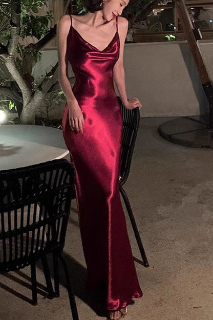 Simple Burgundy Sheath Spaghetti Strap Satin Party Dress Evening Dress SH2854
