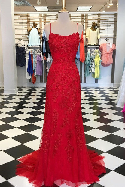 Amazing Spaghetti-Straps Mermaid Prom Dress Tulle With Appliques