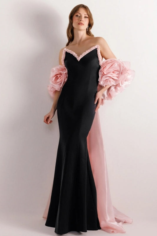 Charming Pink Black Beaded V Neck Slim Sleeveless Prom Dress with Train