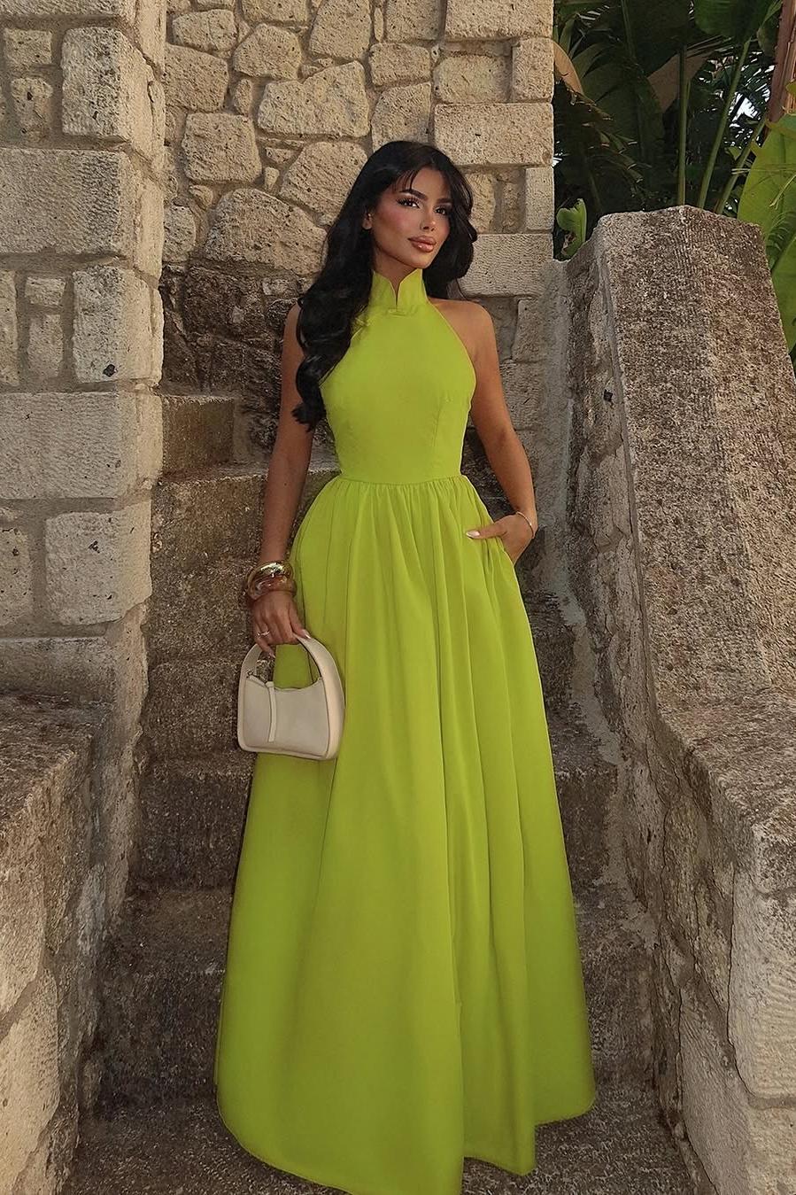 Chic Green Satin Sleeveless High Neck Long Prom Dress with Pleated