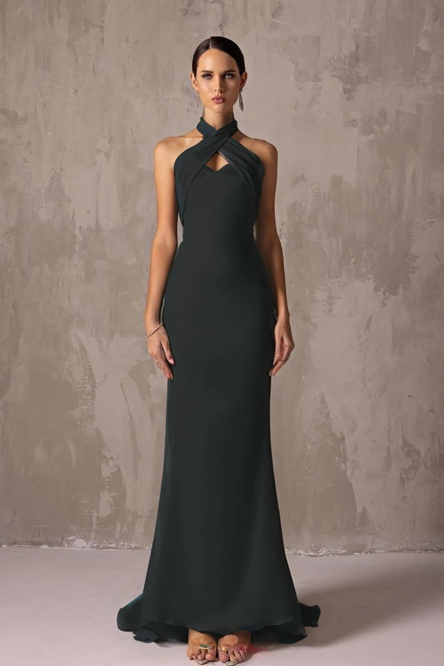 Elegant Blushing Pink Satin Halter Sleeveless Long Prom Dress with Pleated