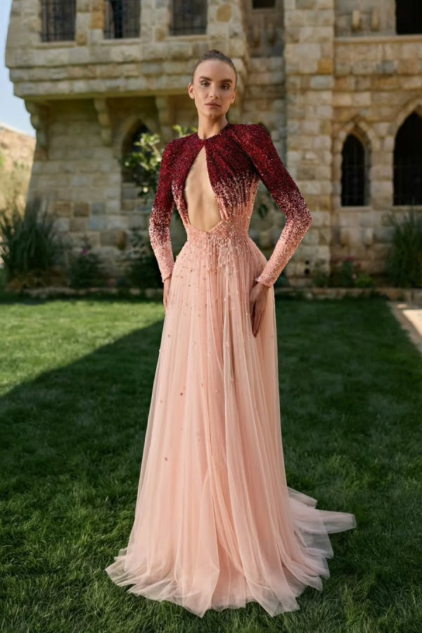 Elegant Chiffon Beaded Scoop Neck Long Sleeves Prom Dress