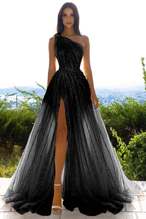 Sequins One Shoulder Prom Dress Daffodil With Front Slit