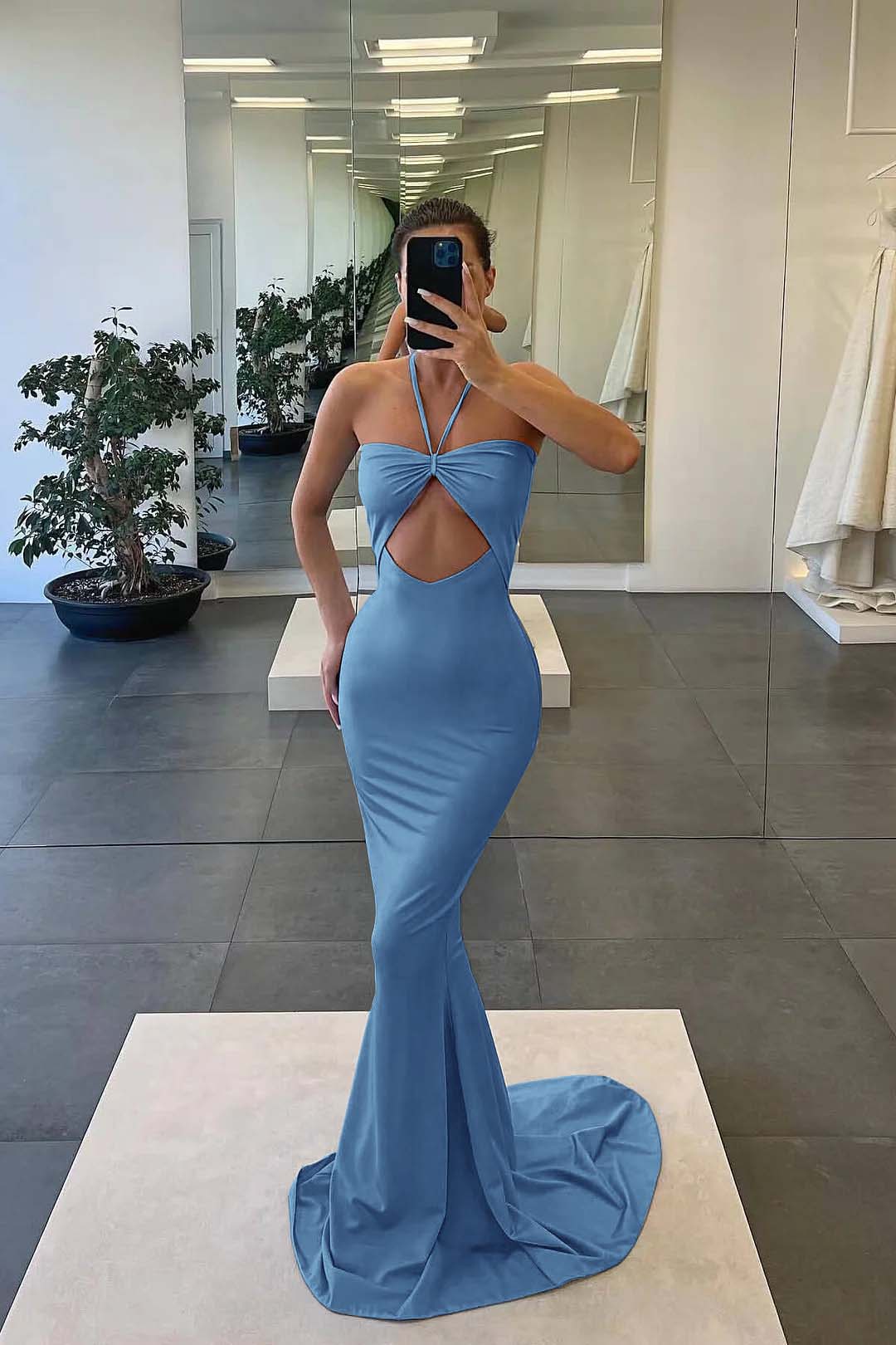 Blue Strapless Mermaid Evening Dress With Sleeveless Online Halter
