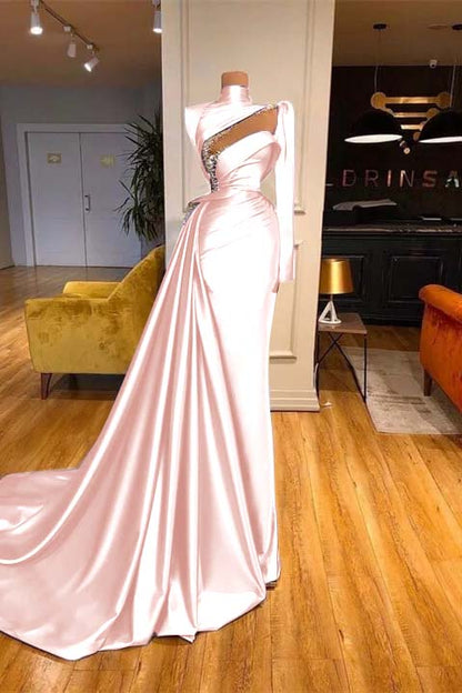 High Neck Long Sleeves Mermaid Prom Dress Beadings With Ruffles