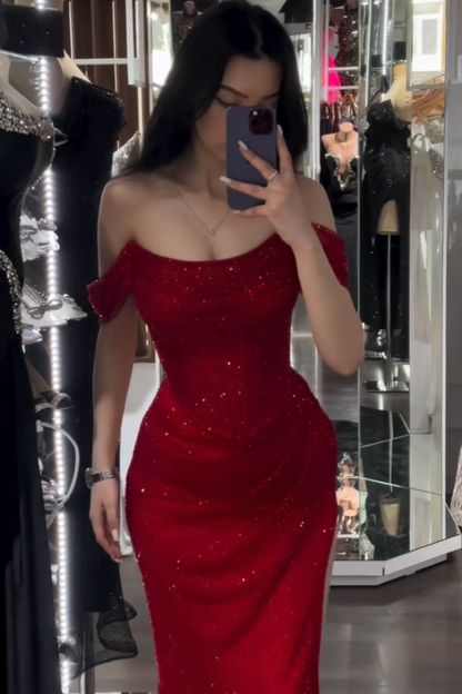 Charming Red Sparkling Off-The-Shoulder Slit Strapless Prom Dress