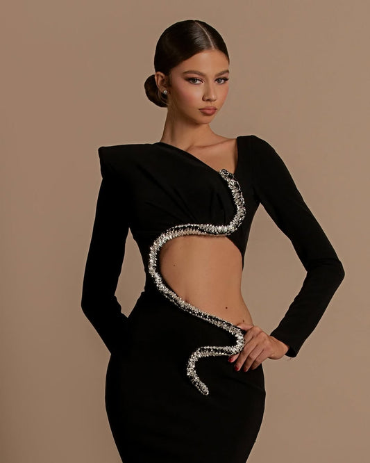 Elegant Sexy Black Long Sleeves Beads Mermaid Prom Dress