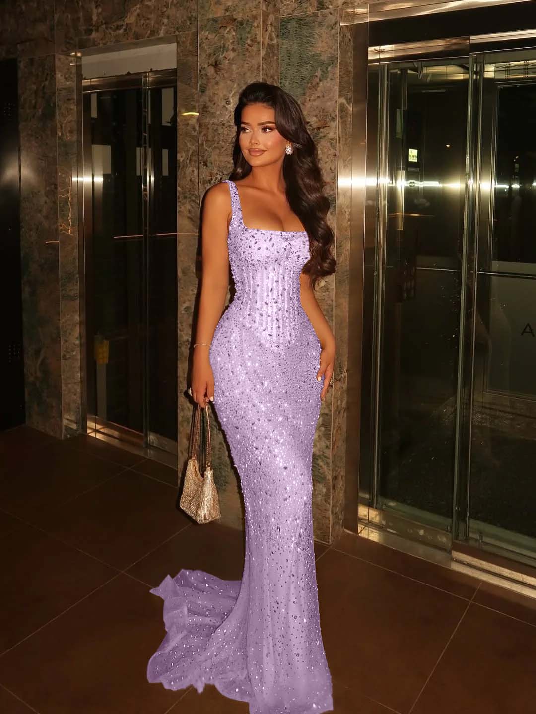 Lavish Square Sleeveless Wide Straps Beaded Mermaid Prom Dress