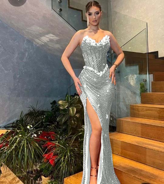 Sweetheart  Strapless Sleeveless Stuning Beaded Slit Prom Dress