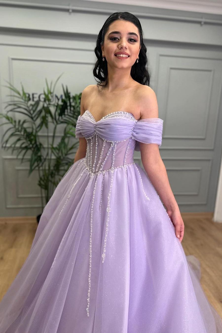 Exquisite Purple Tulle Off the Shoulder Strapless Prom Dress with Rhinestone
