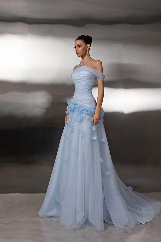 Off Shoulder Sleeveless A-Line Handmade Flower Prom Dress