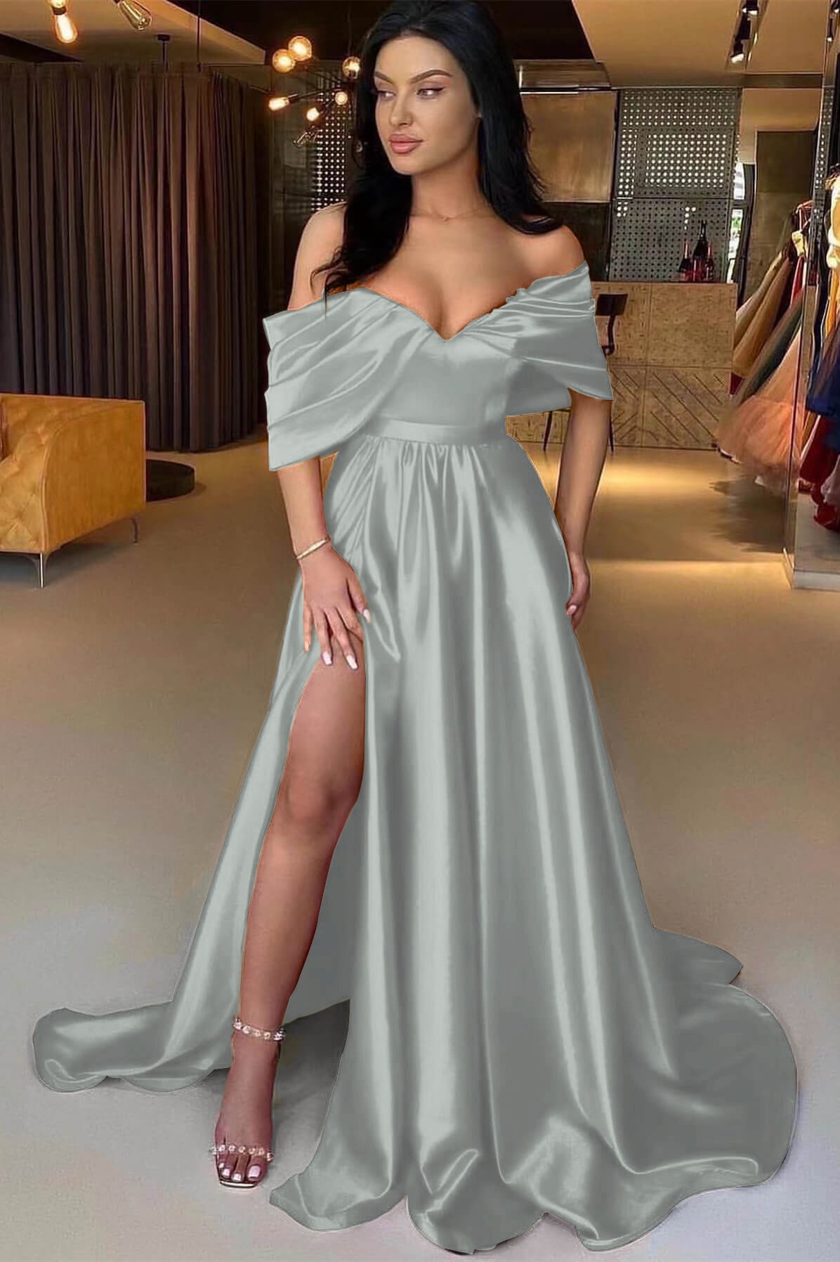 Red A Line Off The Shoulder Prom Dress Split