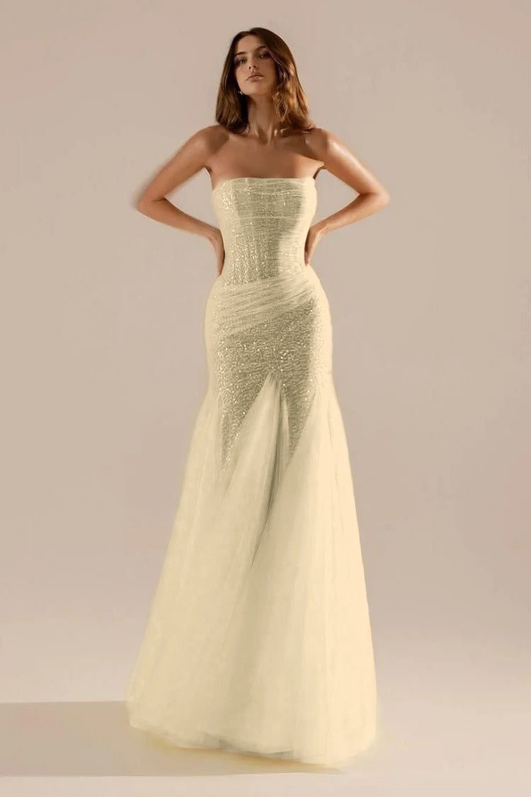 Sleeveless Strapless Square Prom Dress With Sequins