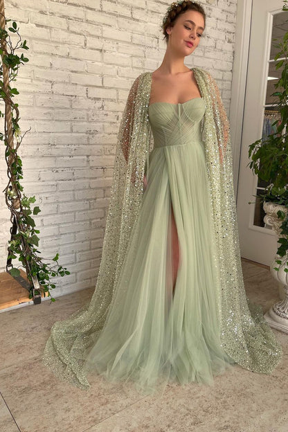 Light Green Sweetheart Tulle Split Prom Dress with Sage Sparkly Sequin Cape