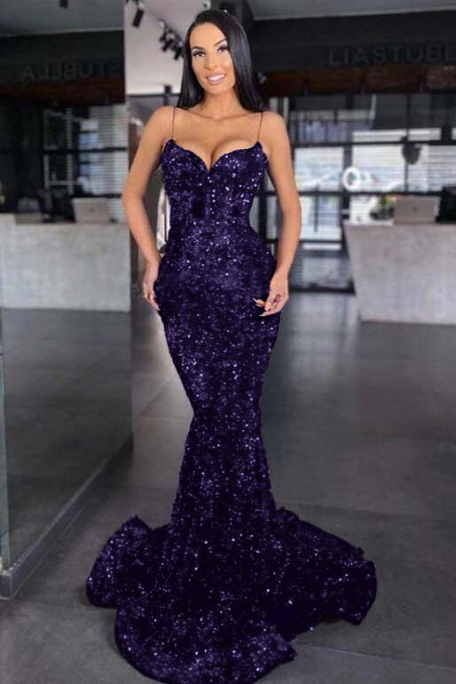 Sweetheart Royal Blue Spaghetti Strap Mermaid Prom Dress With Sequins