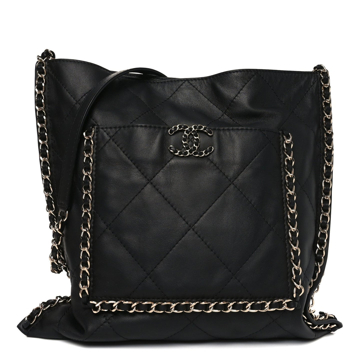 Calfskin Quilted Chain Flat Tote Black