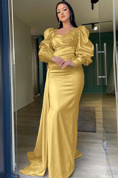 Long Puff Sleeves Mermaid Prom Dress With Appliques Ruffles
