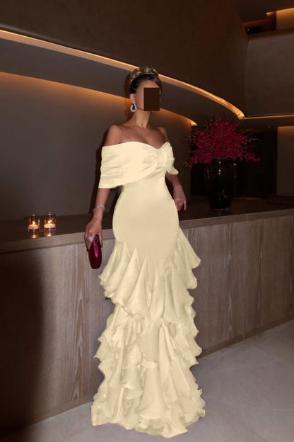 Glamorous Orchid Off the Shoulder Ruffles Evening Dress with Pleated