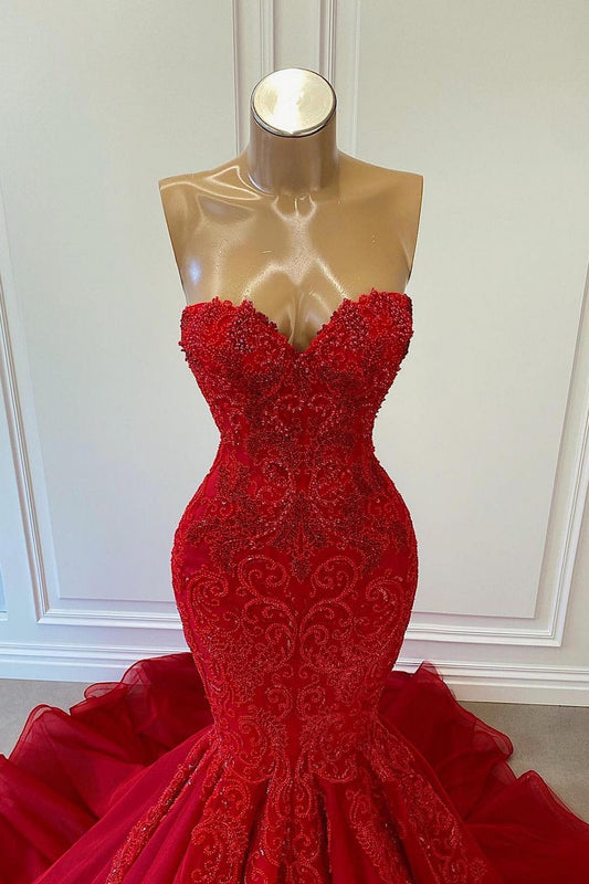 Sweetheart Red Sleeveless Mermaid Prom Dress With Beadings