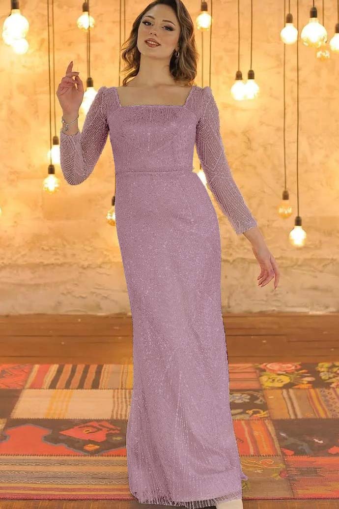 Luxurious Long Sleeves Square Long Evening Dress With Beading