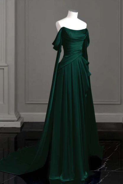 Sleeveless Off-The-Shoulder Pleated Long Prom Dress With Trailing On Both Sides