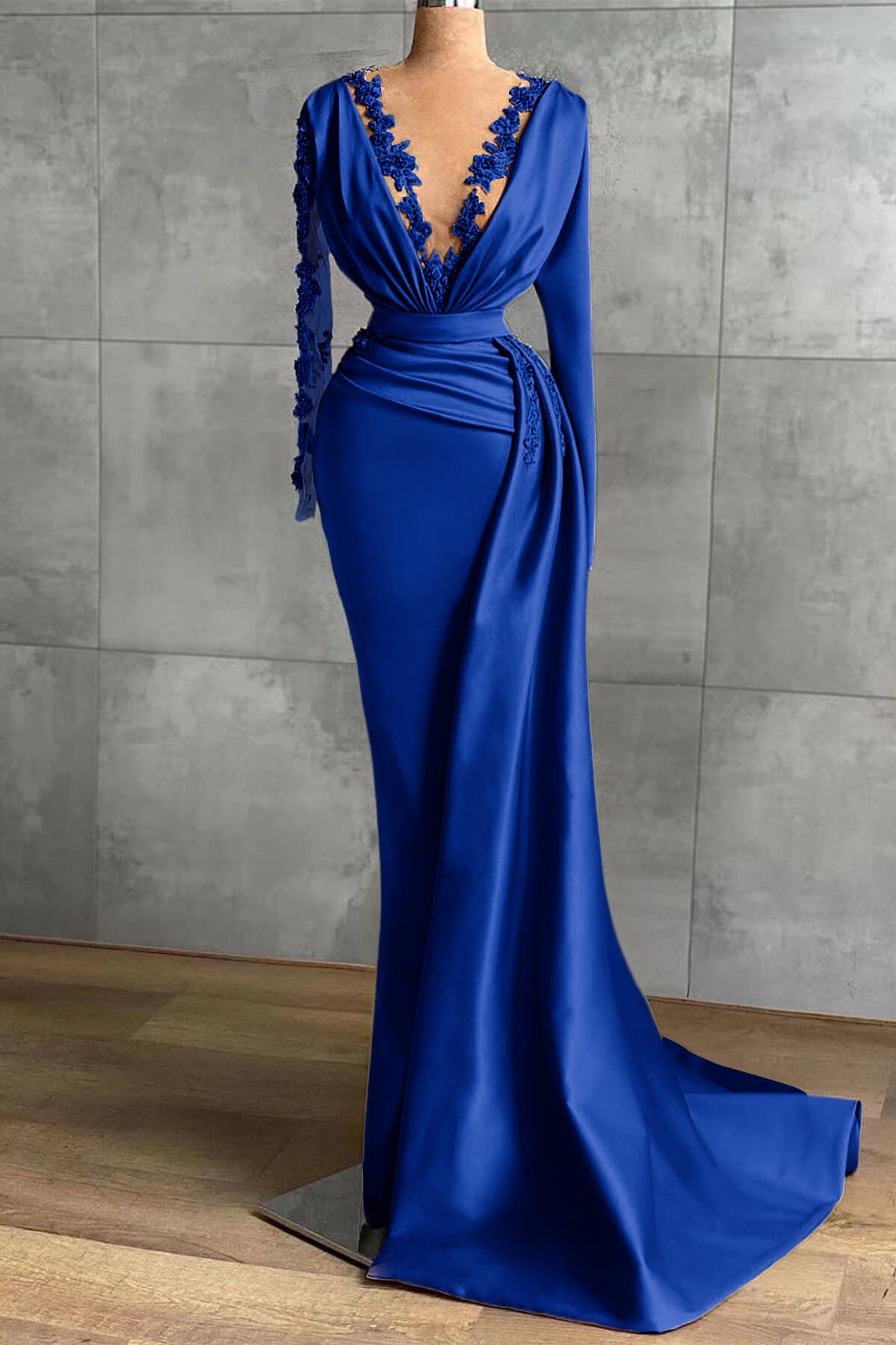 Lavender V Neck Ruffles Prom Dress Applique Mermaid With Long Sleeves