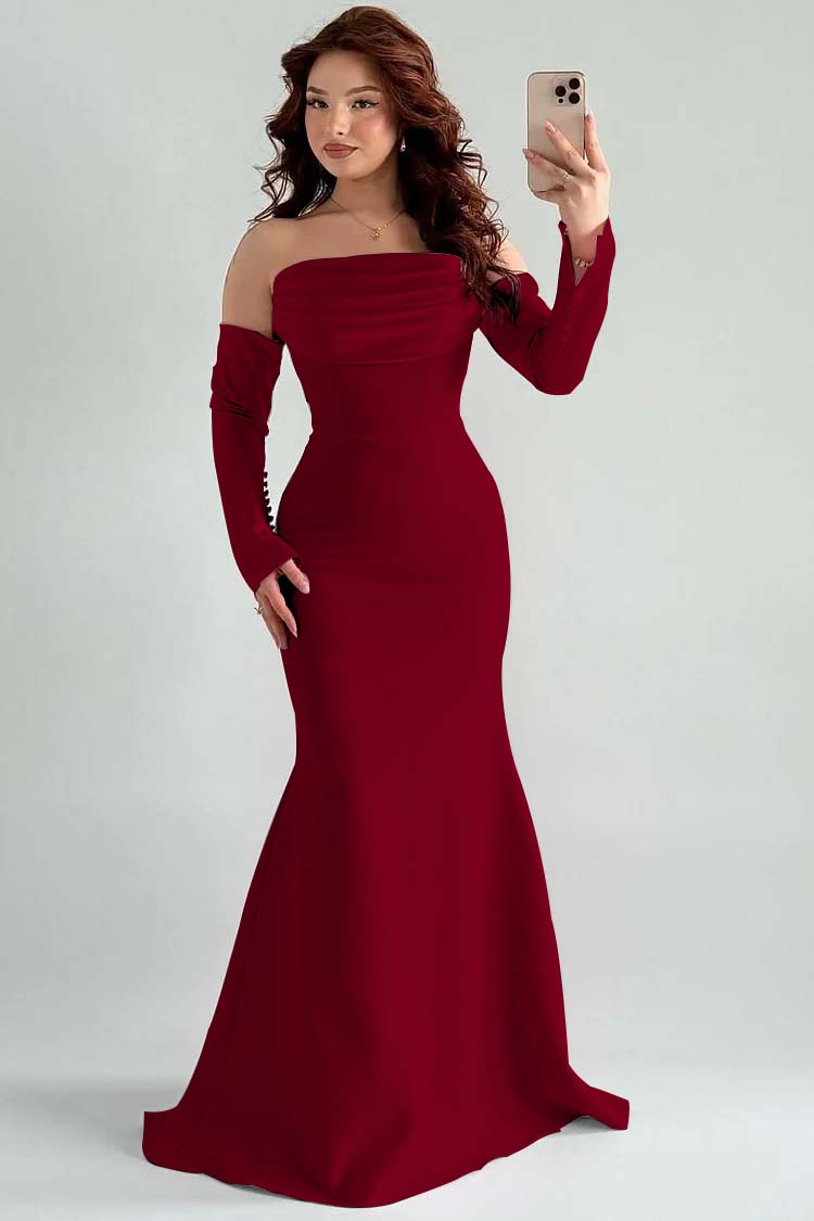 Square Strapless Mermaid Long Sleeves Prom Dress With Pleated