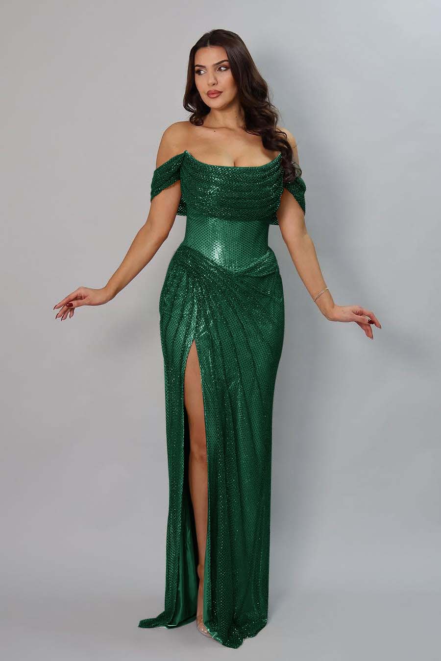 Amazing Gold Off the Shoulder Strapless Long Split Prom Dress with Pleated