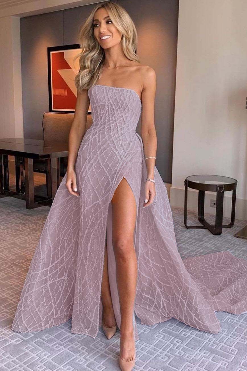 Stunning Light Blue Sleeveless Strapless Long Split Prom Dress with Embroidery