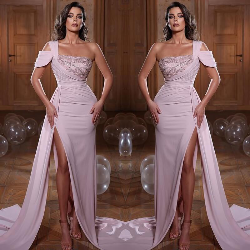 Glamorous One Shoulder Mermaid Sequins Evening Dress With Slit Ruffles
