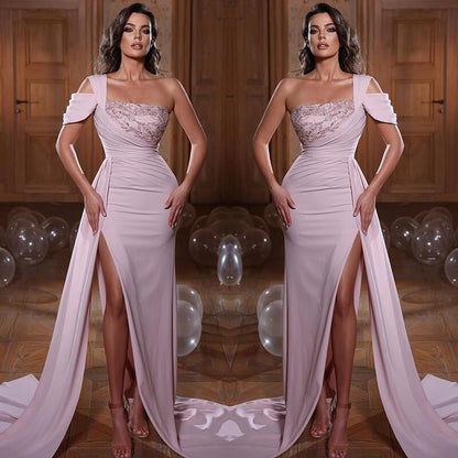 Glamorous One Shoulder Mermaid Sequins Evening Dress With Slit Ruffles