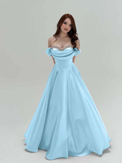 Elegant Off-The-Shoulder Beadings A-Line Pletaed Evening Dress