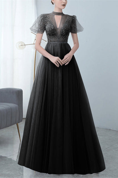 Grey Long Evening Dress Bowknot Tulle With High Collar Appliques