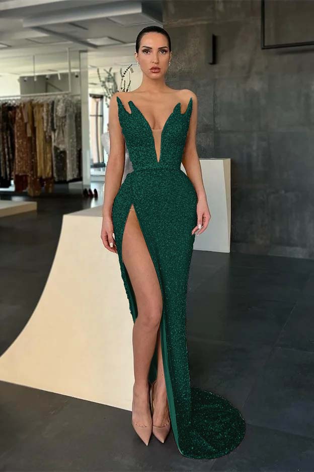 Sleeveless V-Neck Evening Dress Sequins Mermaid With Slit