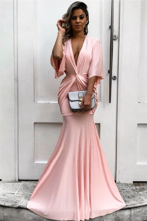 Light Pink Half Sleeves Mermaid Prom Dress