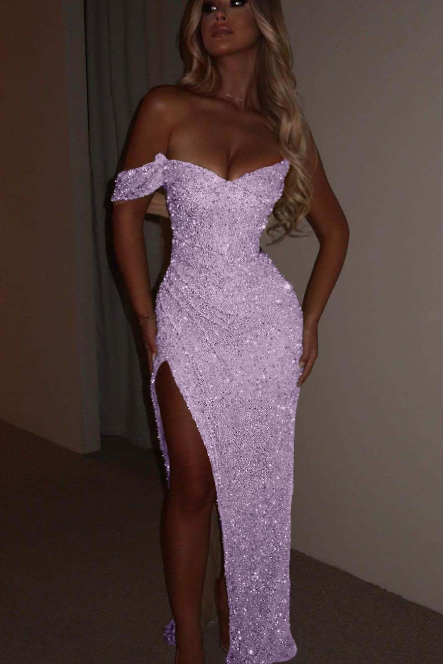 Glamorous Sequins One Shoulder Spaghtti Strap Long Pleated Prom Dress with Split