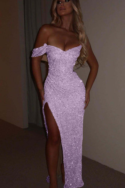 Glamorous Sequins One Shoulder Spaghtti Strap Long Pleated Prom Dress with Split