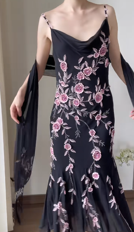Chiffon Black Prom Party Dress With 3D Flowers Vintage Flora Evening Dress  fg8698