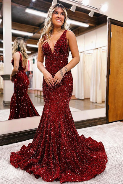 Black V-Neck Mermaid Sequins Evening Dress For Party Online