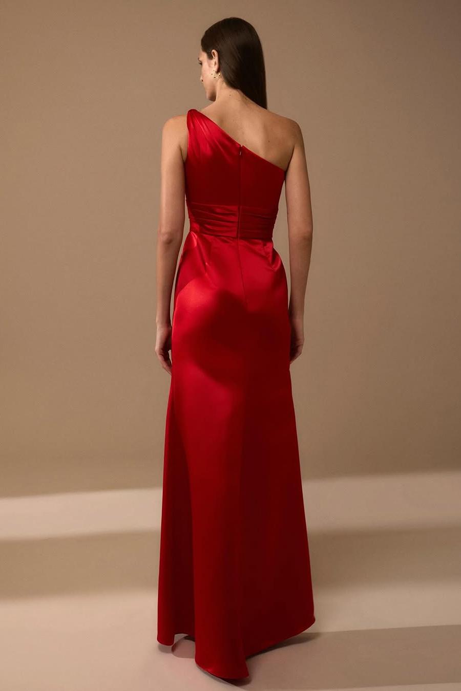 Charming Red Satin One Shoulder Sleeveless Long Pleated Prom Dress with Split