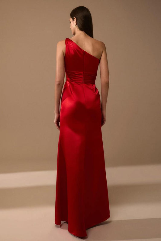 Charming Red Satin One Shoulder Sleeveless Long Pleated Prom Dress with Split