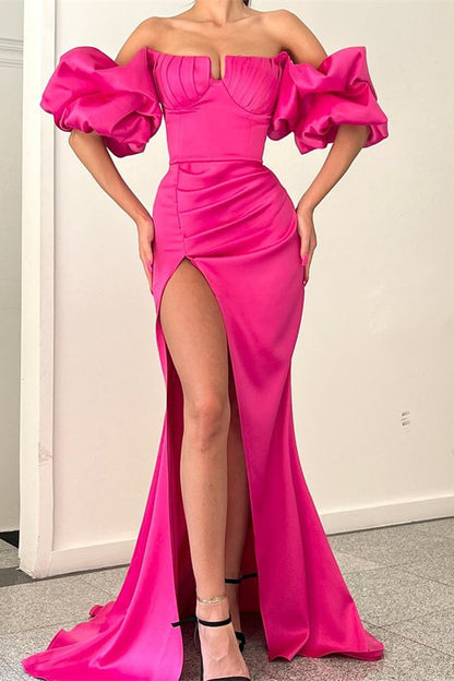 Fuchsia Strapless Off-the-Shoulder Mermaid Puff Sleeves Evening Dress With Split