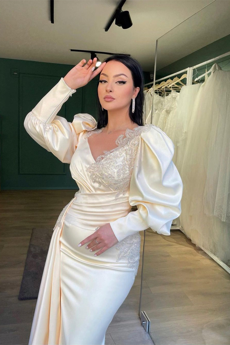 Long Puff Sleeves Mermaid Prom Dress With Appliques Ruffles