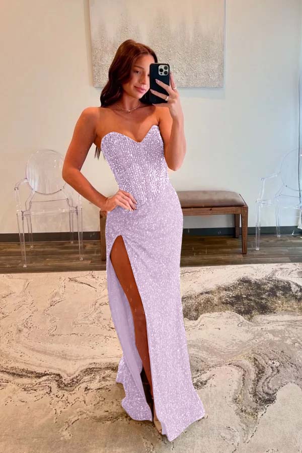 Strapless Blue Beaded Slit Prom Dress