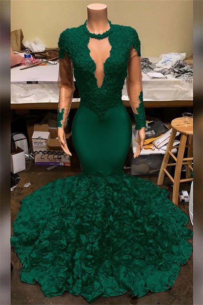 Elegant Mermaid V-Neck Prom Dress Appliques Long Sleeves With Flowers Bottom