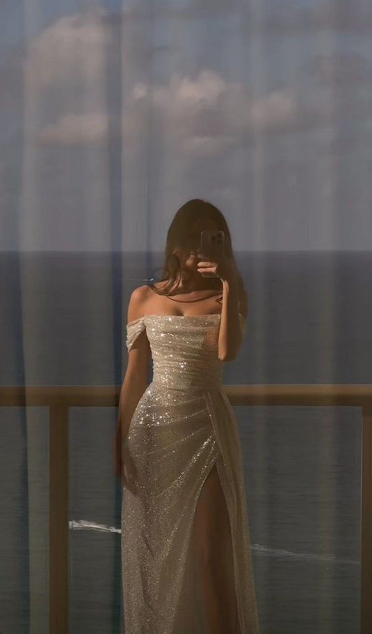 Shiny A Line Off the Shoulder Silver Sequin Long Prom Dress Evening Dress with Slit SH3456