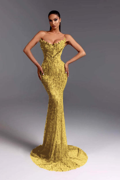 Sleeveless Strapless V-Neck Beads Mermaid Prom Dress